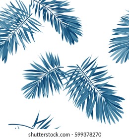 Seamless vector indigo blue pattern with monstera palm leaves on dark background. Summer tropical fabric design.