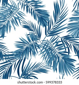 Padrão azul índigo vetor sem costura com folhas de palmeira monstera em fundo escuro. Design de tecido tropical de verão.