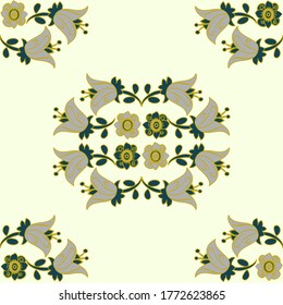 Seamless vector infinite pattern of formal, traditional snowdrops on a cream background. Inspired by 1800s art, this arrangement has a classic feel with fresh modern colours in cream and gold. 