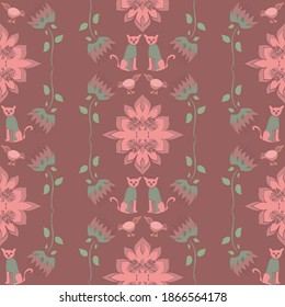 Seamless vector infinite tile in a folk style with birds, cats, flowers and decorative elements. Random and miscellaneous design makes a cute and quirky print in cozy muted shades in pink and green..