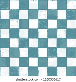 Seamless Vector Inky Stamped Distressed Turquoise and White Checkerboard Pattern. Great for fabric, scrapbooking, home decor, farmhouse chic, stationery, backgrounds, and print projects.