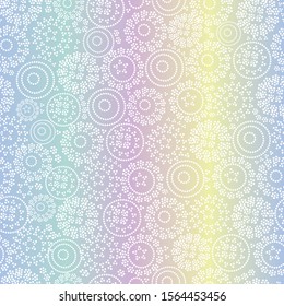 A seamless vector iridescent gradient pattern with white dotted circles forming lacy texture. Decorative pastel surface print design. Great or backgrounds, fabrics, stationery and packaging.