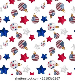 Seamless vector isolated background pattern red blue 3d stars balls Print children's fabrics Christmas Wrapping paper Typography design Tablecloths Scrapbooking Cardmaking Baby USA color New year Xmas