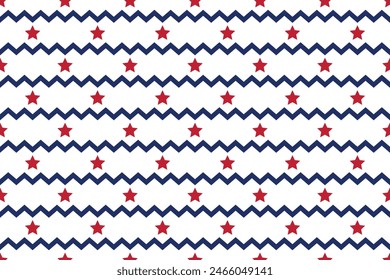 Seamless vector isolated pattern abstract blue zig zag lines Red stars Perfect print children's fabrics Bed linen Wrapping paper Typography design Tablecloths Scrapbooking Cardmaking Baby USA color