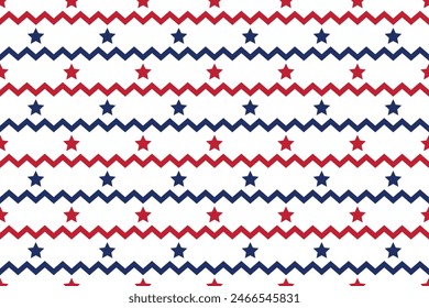 Seamless vector isolated pattern abstract red blue zig zag lines stars Perfect print children's fabrics Bed linen Wrapping paper Typography design Tablecloths Scrapbooking Cardmaking Baby USA color