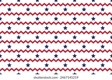 Seamless vector isolated pattern abstract red zig zag lines Blue stars Perfect print children's fabrics Bed linen Wrapping paper Typography design Tablecloths Scrapbooking Cardmaking Baby USA color