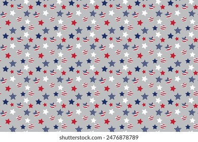 Seamless vector isolated pattern Red blue white stars Gray background children's fabrics Bed linen Wrapping paper Typography design Tablecloths Scrapbooking Cardmaking USA color Star stripe Stripes