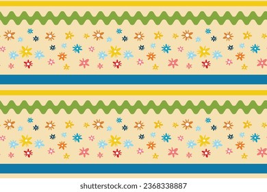 Seamless vector isolated yellow blue pattern flowers wavy parallel lines Perfect summer spring print children's fabrics Bed linen Wrapping paper Typography design Tablecloths Scrapbooking Cardmaking