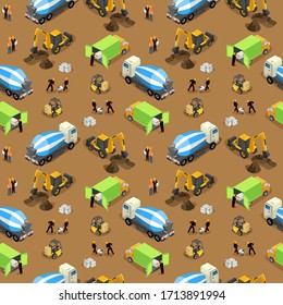 Seamless vector isometric pattern of a construction site with building machinery and equipment