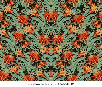 Seamless vector ivy floral pattern with red flowers on dark background