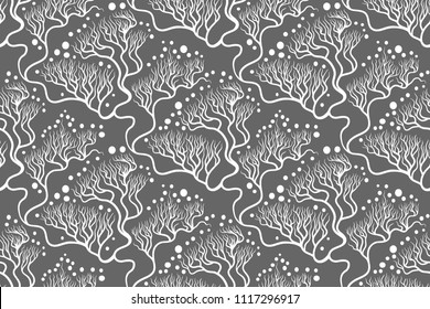 Seamless vector Japanese style tree pattern. Isolated. Silver tones. Hand drawing