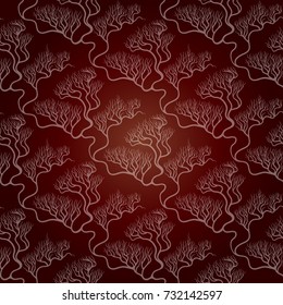 Seamless vector Japanese style tree pattern. Isolated on gradient background. Dark red