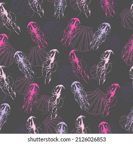 Seamless vector jellyfish pattern. White animals on deep blue background.  Seamless marine background with orange, pink, blue and green jellyfish.