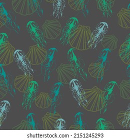 Seamless vector jellyfish pattern. White animals on deep blue background.  Hand drawn line art. Wallpaper, textile, print design