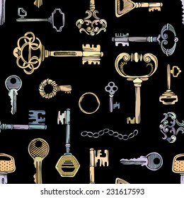 Seamless vector keys pattern. Gold and silver vintage keys on black background. 