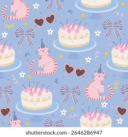 Seamless vector kids birthday party pattern with pink cats, cakes, sunglasses, bows, flowers, cherries, and confetti. Cute pastel girly background.