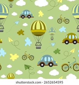 Seamless vector kids pattern with cars, hot air balloons, paper airplanes, and bicycles on a bright green background. Perfect for print, clothing, textiles, packaging, and nursery wallpaper decor.