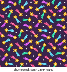 Seamless vector kids pattern with colorful falling stars. Cartoon bright comets on the dark background. Bright stars in the night sky.