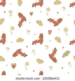 Seamless vector kids pattern with unicorn and clouds on white for new born baby textile and apparel. 