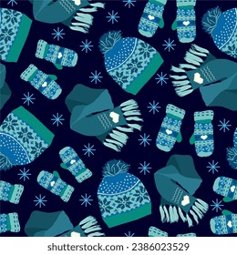 Seamless vector knitted winter hat, mittens, scarf pattern. Stylish fashion garment background for fabric.