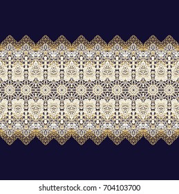 Seamless vector lace border ornament, fretwork design on dark background