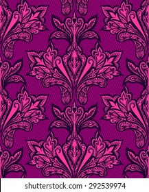 seamless vector lace pattern with folk paisley and floral elements. very elegant shape on tulle lace background. mirrored design,  beautiful dramatic colors, very romantic and elegant. 