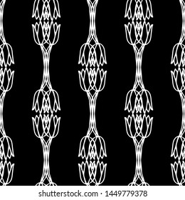 Seamless vector lace pattern. Strips of white lace on a black background. Black and white graphics. For design and decor of fabric, paper, postcards, packaging, Wallpaper.