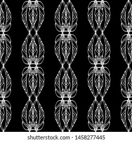 Seamless vector lace pattern. White lace stripes on black background. Black and white graphics. For design and decor. 