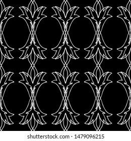 Seamless vector lace pattern. White lace stripes on black background. Black and white graphics. For design and decor.