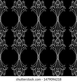 Seamless vector lace pattern. White lace stripes on black background. Black and white graphics. For design and decor.