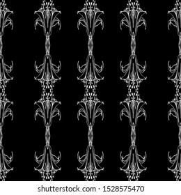 Seamless vector lace pattern. White lace stripes on black background. Art Nouveau and art Deco pattern.For fabric design, packaging, Wallpaper and for engraving.