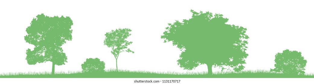 Seamless vector landscape with green deciduous trees and bushes.