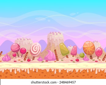 Seamless vector landscape with layers for parallax effect. Candyland illustration for game design