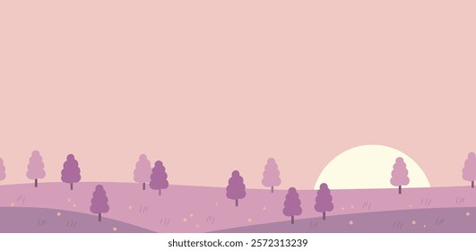 Seamless Vector Landscape At Sunrise Flat-Style Illustration. Horizontally Repeatable.