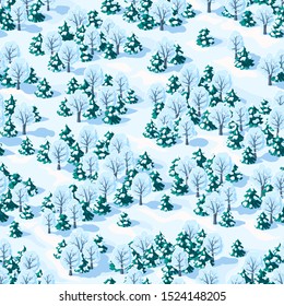 Seamless vector landscape of winter mixed forest with coniferous and deciduous trees, isometric view