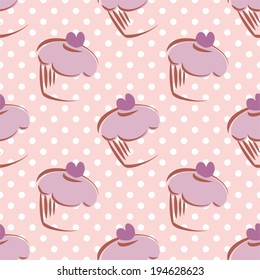 Seamless vector lavender pattern or tile background with white polka dots and big hand drawn cupcakes silhouettes, muffin sweet cake and violet heart on top. Texture with sweets for desktop wallpaper.