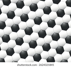 Design de padrão de bola de futebol preto e branco de couro de vetor sem costura. Fundo ideal para bola de futebol ou site de futebol. Textura de células hexagonais. Células hexágono de mel.