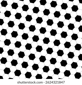 Design de padrão de bola de futebol preto e branco de couro de vetor sem costura. Fundo ideal para bola de futebol ou site de futebol. Textura de células hexagonais. Células hexágono de mel.