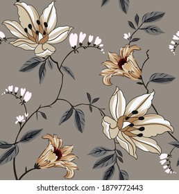 seamless vector leaves and flower Pattern on grey background