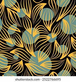 Seamless Vector Leaves Pattern in Dark Colors, Yellow, Black, Green, Floral Design, Illustration, Abstract, Editable Graphic for Textile Surfaces, Palm, Jungle