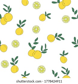 Seamless Vector lemon on white background Pattern. Great for Fabrics, Scrap booking, bullet journal, textiles, blankets, pillows, cover,