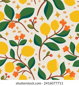 Seamless vector lemon pattern.  Modern floral background with fruits, leaves. Modern template for social media, print, product, greeting cards.
