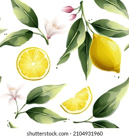 Seamless vector lemon pattern. Set of green leaves, flowers, buds, and branches. Citrus fruit slices and splashing juice arrangements.