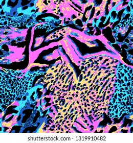 Seamless vector leopard wild safari skin print. coloured leopard pattern.Mix of Tiger skin, jaguar skin, leopard print. Neon bright colors. Glitch pattern. Retro pattern.