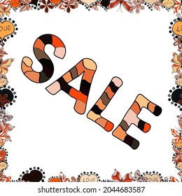 Seamless. Vector lettering. Picture in black, white and orange colors. Sale banner.