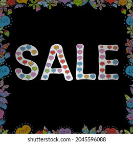 Seamless. Vector. Lettering. Simple patches, poster, badges in cute art style. Sale banner template design. Illustration in blue, black and white colors.