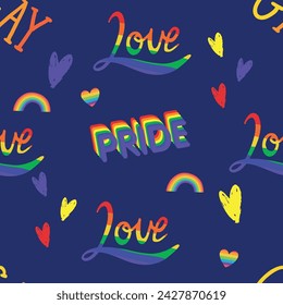 Seamless vector lgbt pattern with rainbow,and slogan. Gay pride flag colored illustration. Trendy stylish texture. Repeating colorful tile, artwork for print and textiles.
