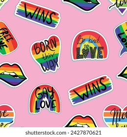 Seamless vector lgbt pattern with rainbow,and slogan. Gay pride flag colored illustration. Trendy stylish texture. Repeating colorful tile, artwork for print and textiles.
