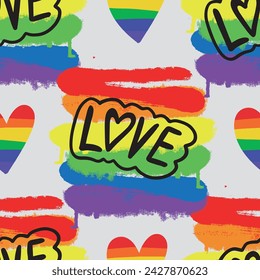 Seamless vector lgbt pattern with rainbow,and slogan. Gay pride flag colored illustration. Trendy stylish texture. Repeating colorful tile, artwork for print and textiles.
