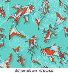 Seamless vector light blue background with hand drawn koi fishes, pattern for textile or wrap paper